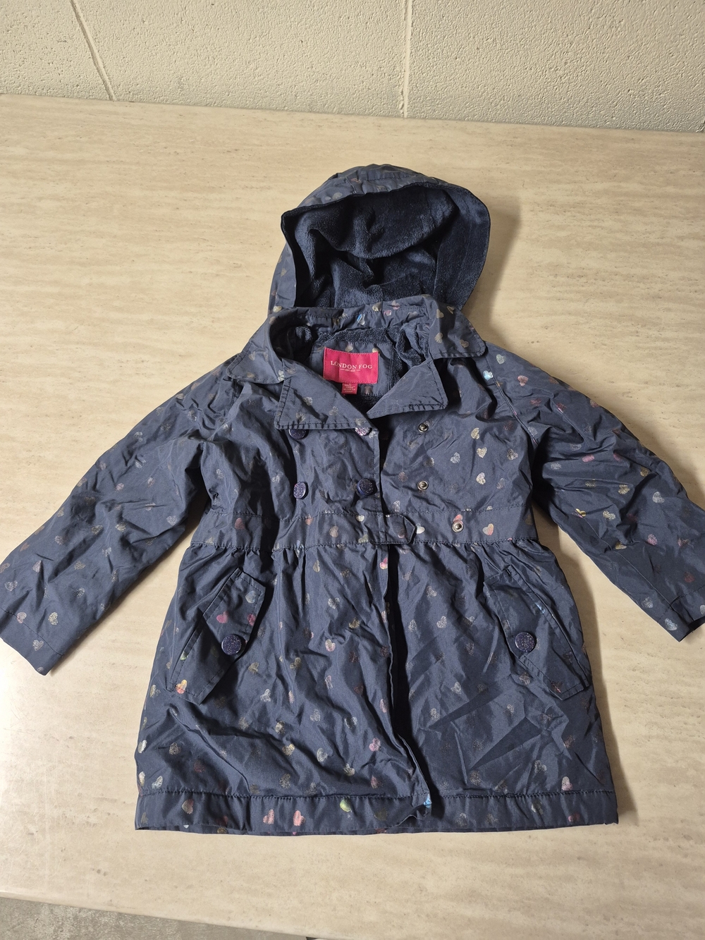 London Fog Girls' Hooded Navy Raincoat with Tiny Multicolor Hearts